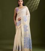Off white & blue color muga cotton kalamkari resham woven saree