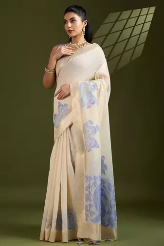 off white & blue muga cotton kalamkari resham woven saree