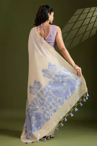 off white & blue muga cotton kalamkari resham woven saree