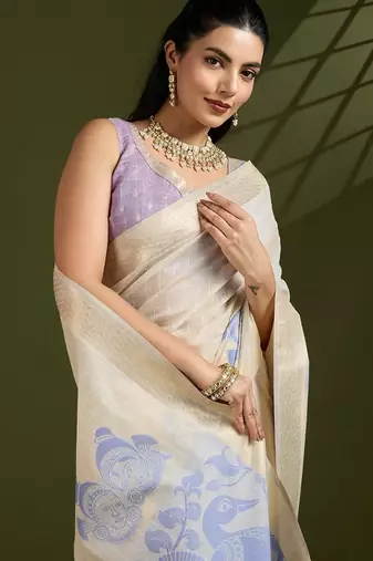 off white & blue muga cotton kalamkari resham woven saree