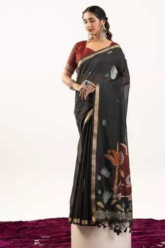 Black color muga cotton rajwadi concept weaving sarees