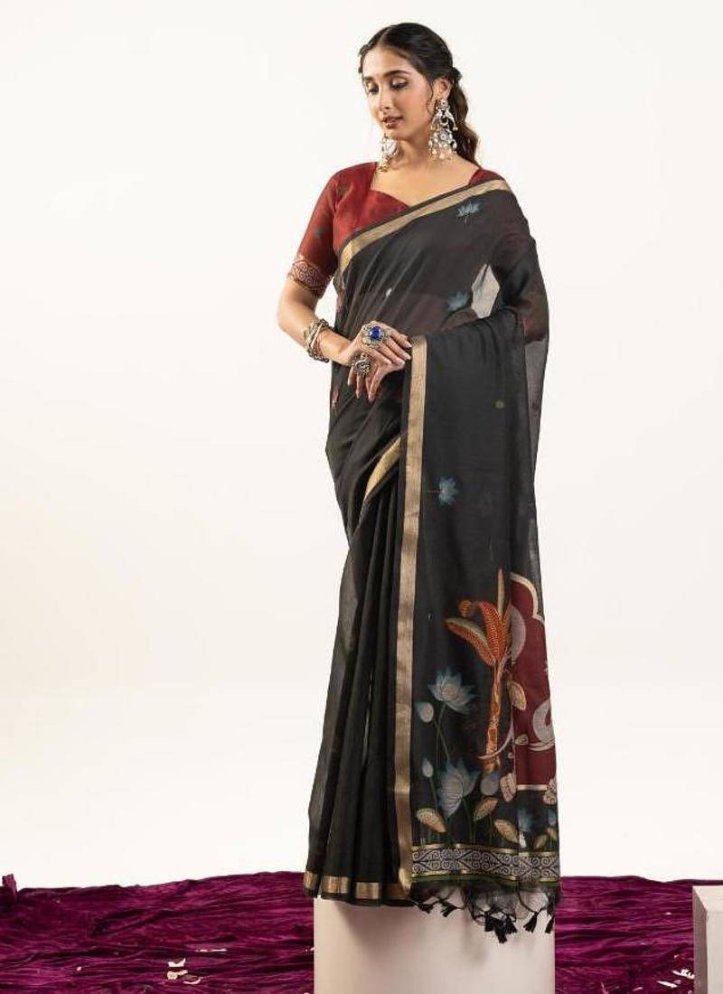 Black color muga cotton rajwadi concept weaving sarees