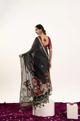 black muga cotton rajwadi weaving saree