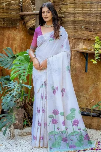 white-wine muga silk blend flower weaving sarees