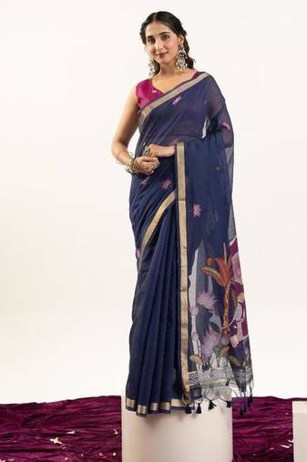 Blue color muga cotton rajwadi concept weaving sarees