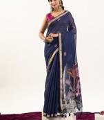 Blue color muga cotton rajwadi concept weaving sarees