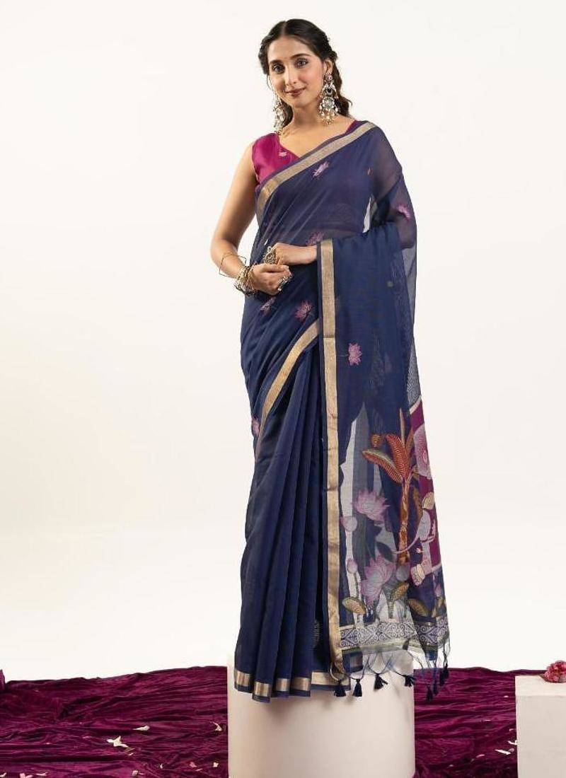 Blue color muga cotton rajwadi concept weaving sarees