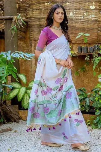 wine silk saree with floral woven design and contrast pallu