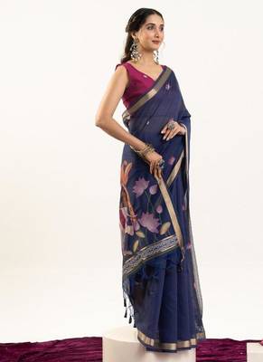 blue muga cotton rajwadi weaving saree 2