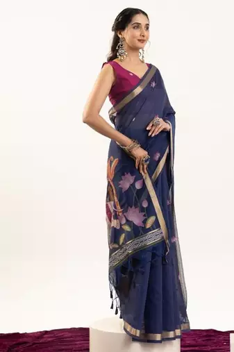 blue muga cotton rajwadi weaving saree
