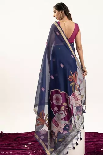 blue muga cotton rajwadi weaving saree