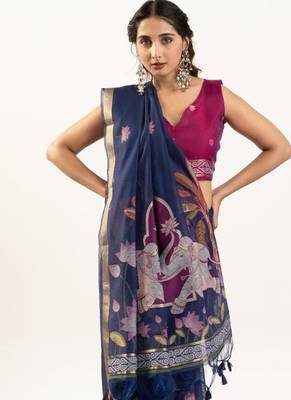 blue muga cotton rajwadi weaving saree 5