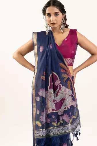 blue muga cotton rajwadi weaving saree