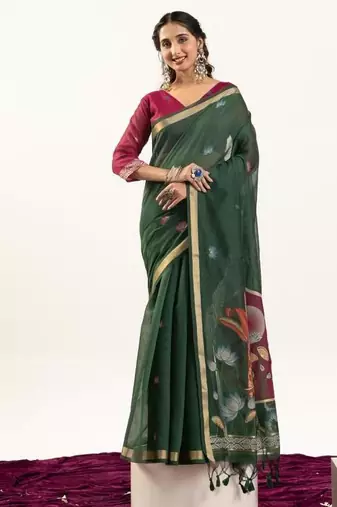Green color muga cotton rajwadi concept weaving sarees