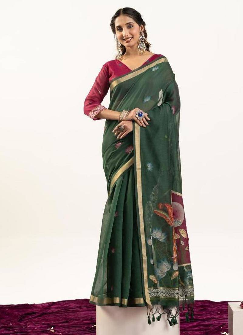 Green color muga cotton rajwadi concept weaving sarees