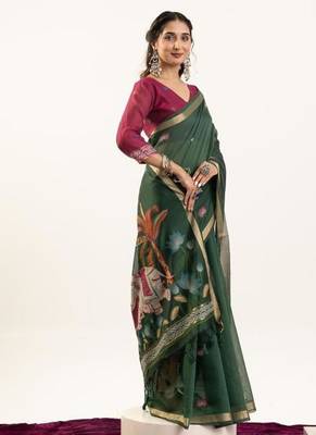 green muga cotton rajwadi weaving saree 2