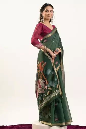 green muga cotton rajwadi weaving saree