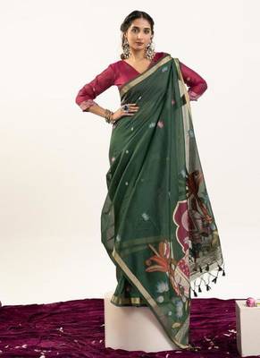 green muga cotton rajwadi weaving saree 3