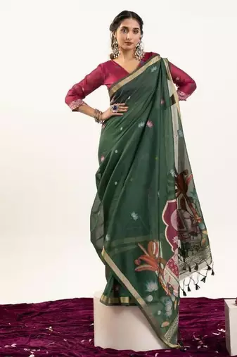 green muga cotton rajwadi weaving saree