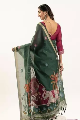 green muga cotton rajwadi weaving saree