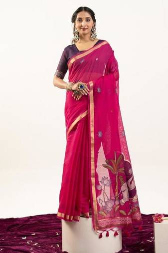 Pink color muga cotton rajwadi concept weaving sarees