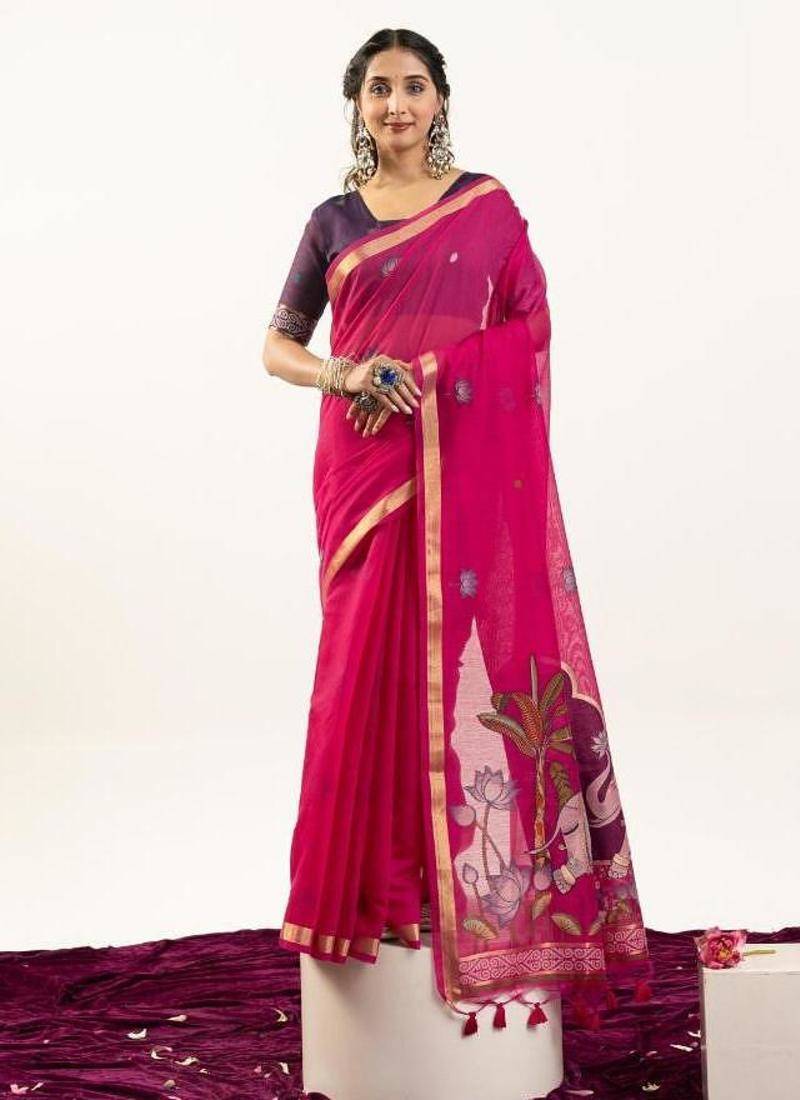 Pink color muga cotton rajwadi concept weaving sarees