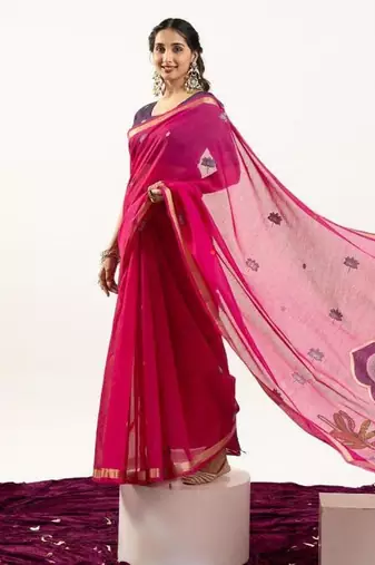 pink muga cotton rajwadi weaving saree
