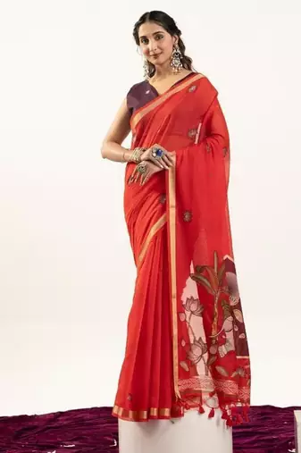 Red color muga cotton rajwadi concept weaving sarees