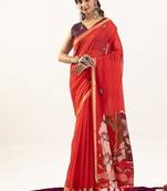 Red color muga cotton rajwadi concept weaving sarees