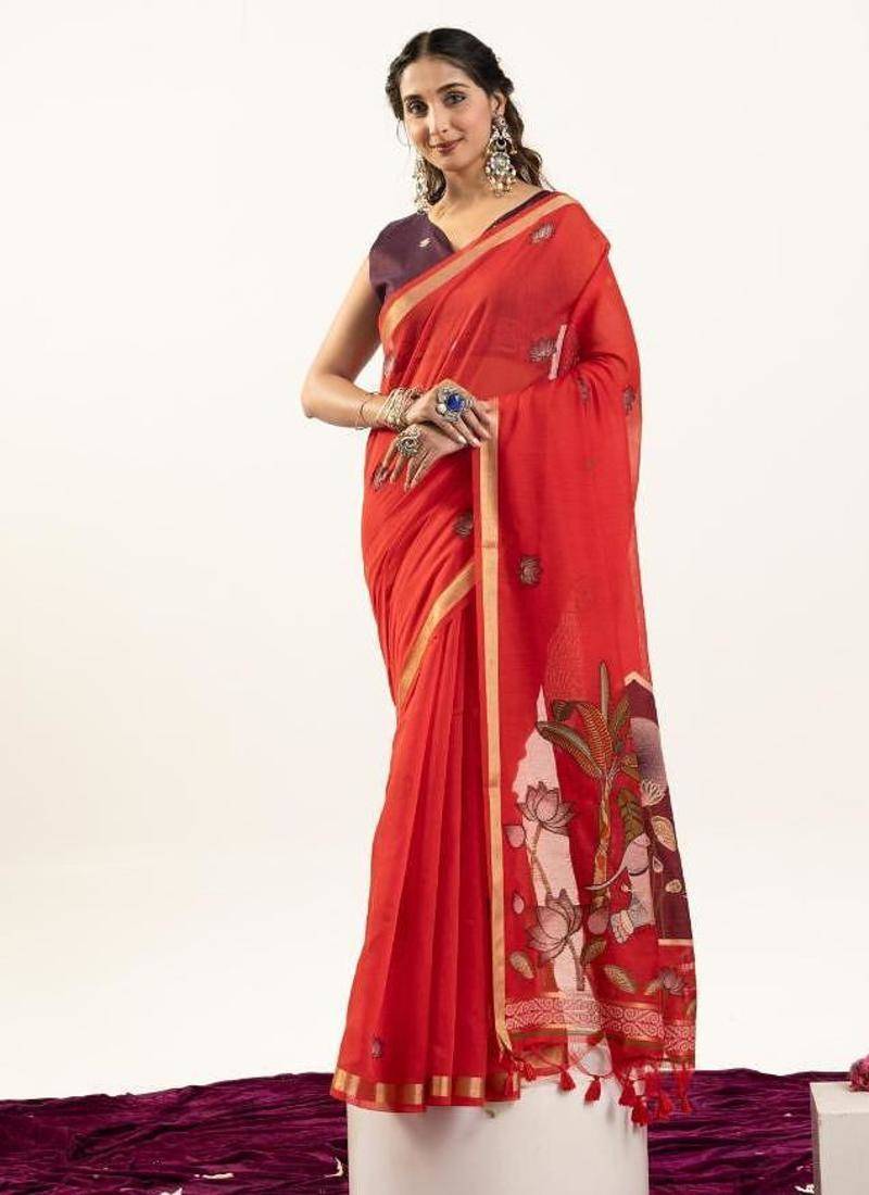 Red color muga cotton rajwadi concept weaving sarees