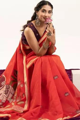 red muga cotton rajwadi weaving saree