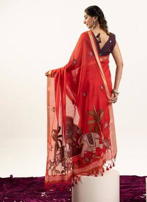 red muga cotton rajwadi weaving saree 4