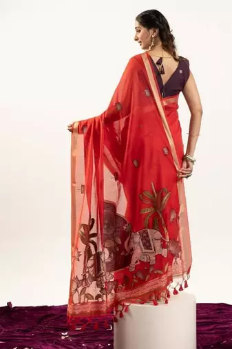 red muga cotton rajwadi weaving saree