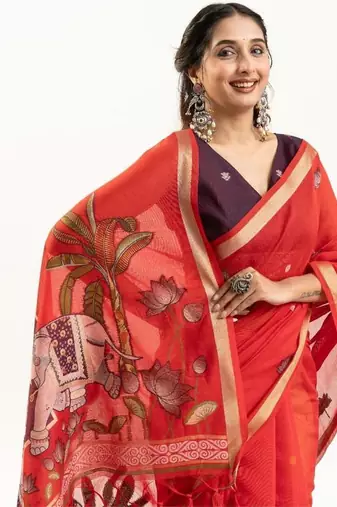 red muga cotton rajwadi weaving saree