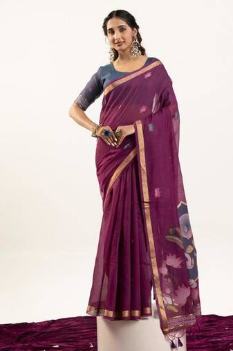 Wine color muga cotton rajwadi concept weaving sarees