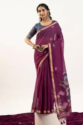 Wine color muga cotton rajwadi concept weaving sarees