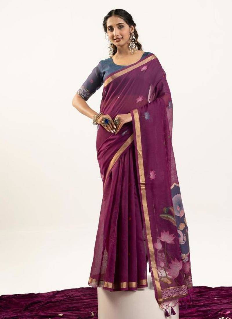 Wine color muga cotton rajwadi concept weaving sarees