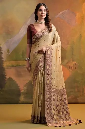 Cream color muga cotton jamdani concept weaving sarees