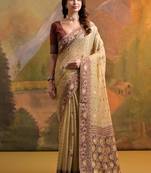 Cream color muga cotton jamdani concept weaving sarees