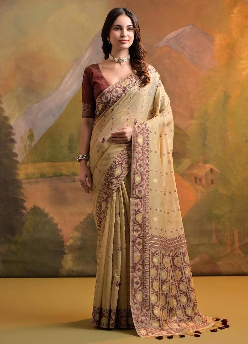Cream color muga cotton jamdani concept weaving sarees