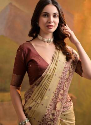 cream muga cotton jamdani weaving saree 3