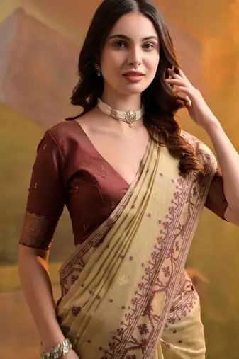 cream muga cotton jamdani weaving saree
