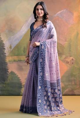 lavender muga cotton jamdani weaving saree 1