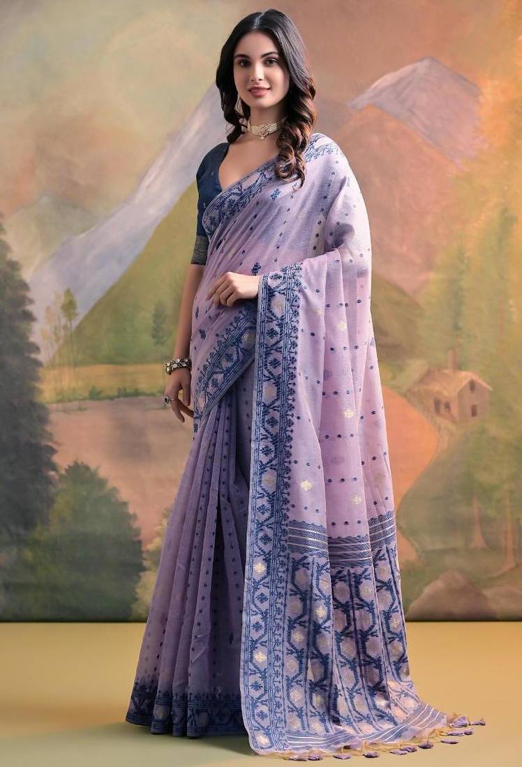Levender color muga cotton jamdani concept weaving sarees