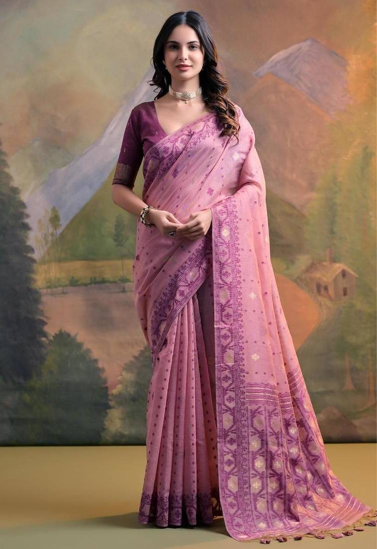Pink color muga cotton jamdani concept weaving sarees