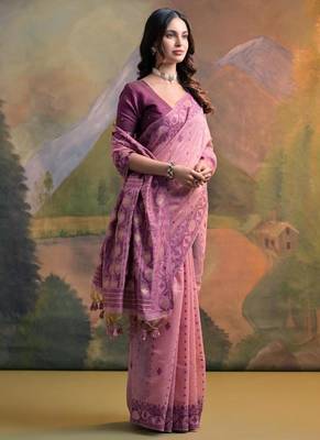 pink muga cotton saree with contrast woven border 2