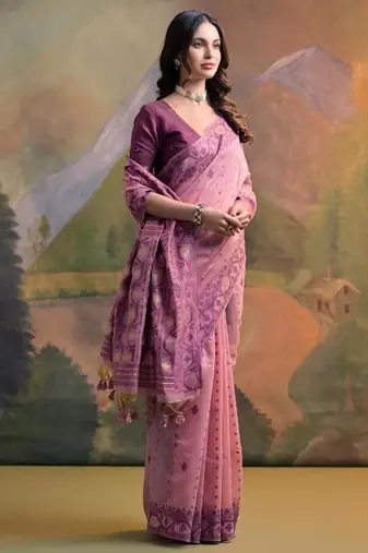 pink muga cotton saree with contrast woven border