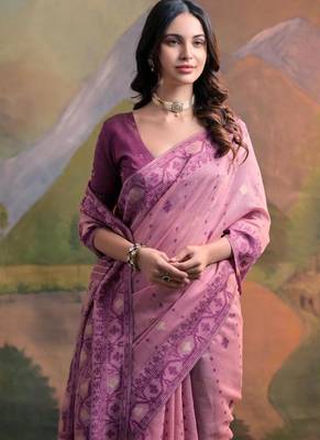 pink muga cotton saree with contrast woven border 3