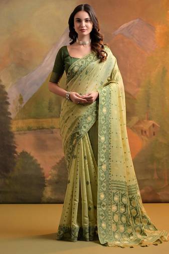 Pista color muga cotton jamdani concept weaving sarees