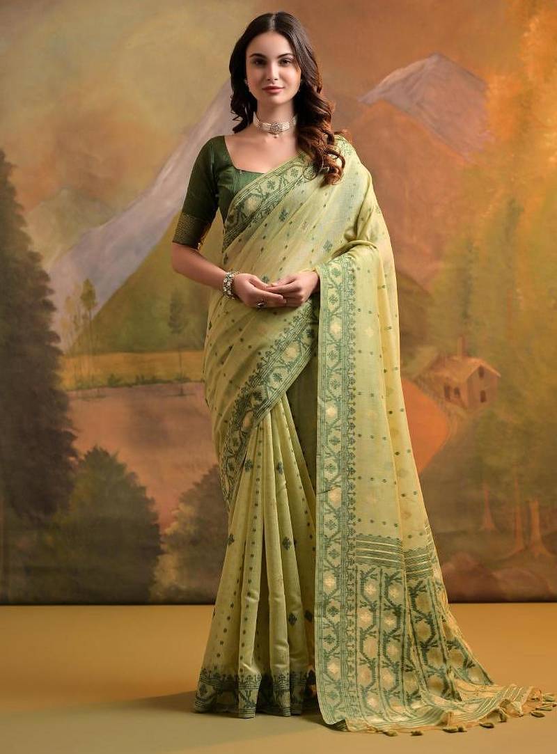 Pista color muga cotton jamdani concept weaving sarees